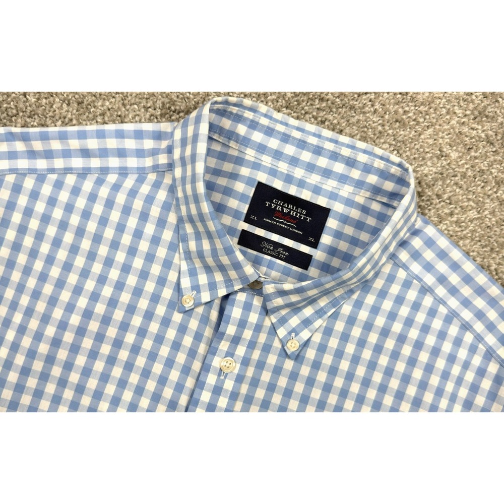 Charles Tyrwhitt Weekend Men's XL Blue White Gingham Short Sleeve Button Shirt
